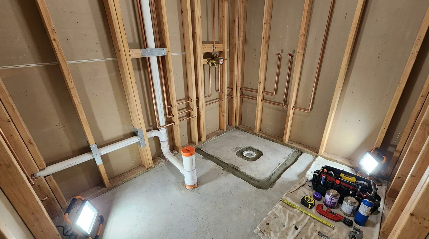 Bathroom rough-in plumbing during remodel by Johns Plumbing LLC in Dupree