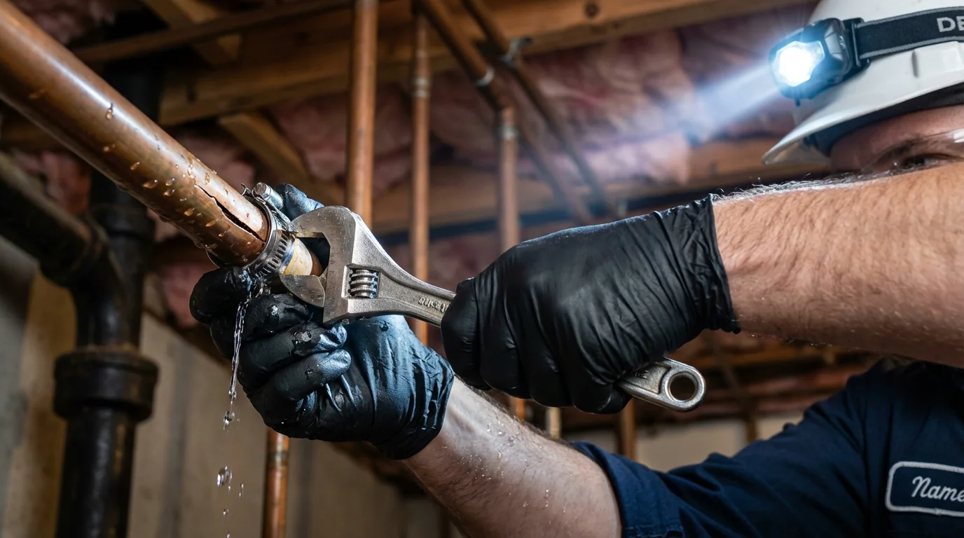 Emergency pipe clamp repair being performed by a Johns Plumbing LLC plumber in Dupree