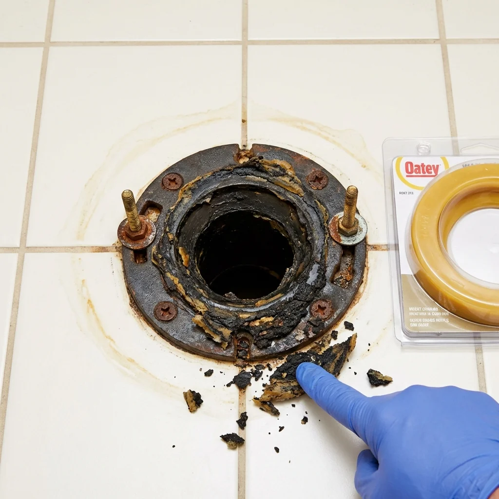 Failed wax ring showing water seepage at the base of a toilet in a Dupree, SD home