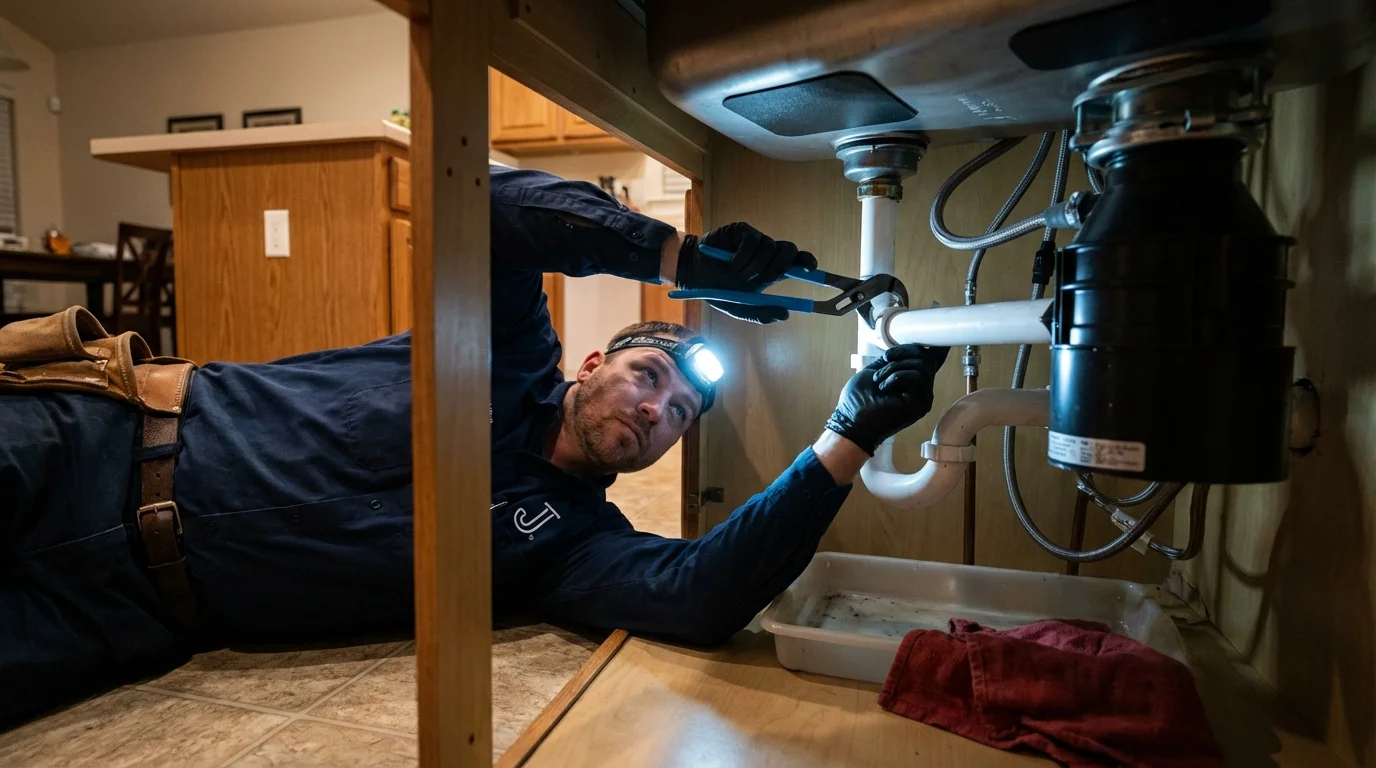 P-trap and supply line connections under a kitchen sink showing a common leak point in Dupree, SD
